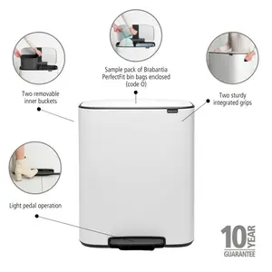 Brabantia Bo 30 Litre + 30 Litre Pedal Bin with Two Inner Buckets White