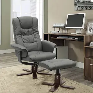 Grey Recliner Armchair PU Leather Swivel Recliner Chair with Footstool