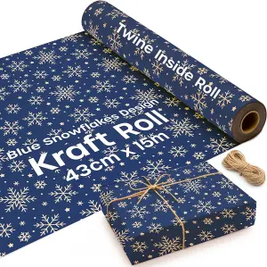 15m Eco-Friendly Kraft Christmas Wrapping Paper Roll with Blue Snowflake Design - Recyclable Brown Gift Wrap, 43cm Wide