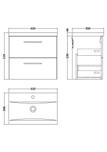 Level Wall Hung 2 Drawer Vanity Unit with Mid-Edge Ceramic Basin, 600mm - Woodgrain Charcoal Black - Balterley