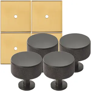 4 PACK - Cabinet Door Knob & Contrasting Backplate Set - Knurled Kitchen Pull - Matt Black & Satin Brass