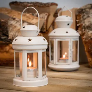 Nicola Spring - Metal Hanging Tealight Lanterns - 16cm - Cream - Pack of 2