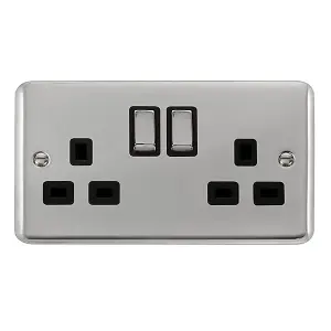 Curved Polished Chrome 2 Gang 13A DP Ingot Twin Double Switched Plug Socket - Black Trim - SE Home