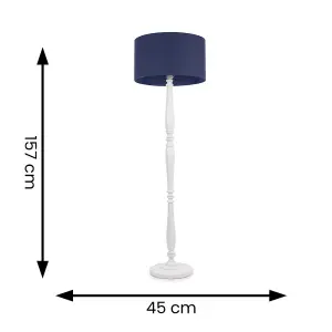 ValueLights Victoria Traditional White Wood Candlestick Floor Lamp with Navy Blue Drum Shade