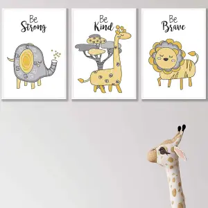 Set of 3 Scandi Nursery Elephant Animals Quote Yellow Grey Wall Art Prints / 42x59cm (A2) / White Frame