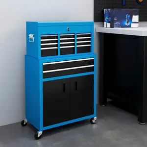 HOMCOM Top Chest and Roller Cabinet Combo Metal Tool Cabinet on Wheels Blue