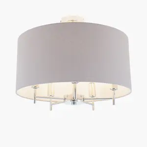 Large Linen 5 Arm Ceiling Light With Grey Drum Lampshade