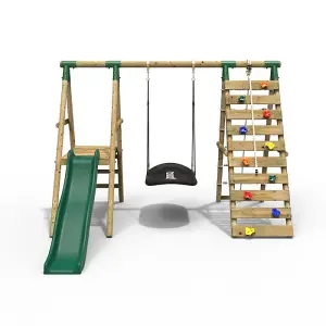 Rebo Wooden Swing Set with Deck and Slide plus Up and Over Climbing Wall - Onyx Green