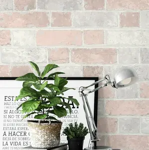 Brick Wall Effect Stone Pale Pink Light Grey Rustic Wallpaper Blush Girls Art