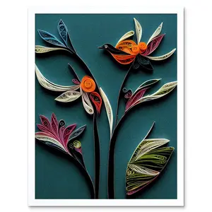 Modern Paper Quilling Bird Exotic Flower - Print White Framed Unframed / 40.5cm H x 30.5cm W x 0.2cm D