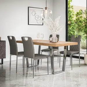 Aria Dining Table And Chairs -  Oak Effect Table Top w Chrome Legs + Monza Faux Leather Dining Chair w Chrome Legs Set Of 4 (Grey)