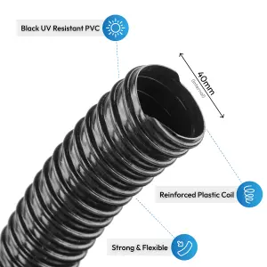 Pisces 25 Metres Of 40mm Corrugated Flexible Black Pond Hose Pipe