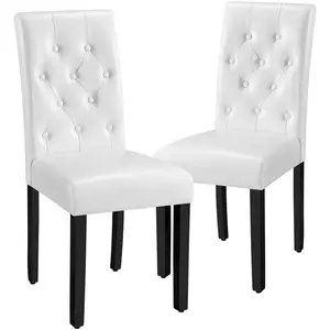 Button Tufted Padded Faux Leather Dining Chair with Solid Wood Legs (Set of 2) White