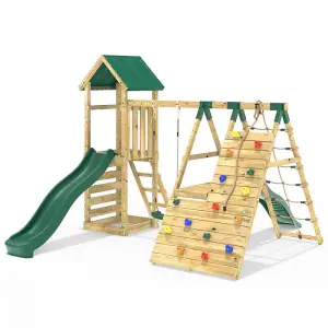 Rebo Wooden Climbing Frame with Swings, 6+8FT Slides & Climbing Wall - Alverstone