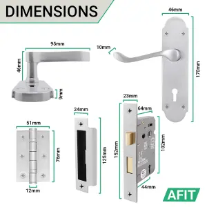 AFIT Satin Chrome Door Handle Key Lock Set - Victorian Scroll Shaped - 1 Pair of Internal Door Handles, Hinges 76mm, Lock 64mm