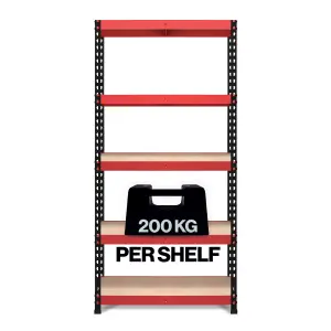 RB BOSS Garage Shelving Units FastLok 5 Shelf MDF Red & Black Powder Coated Steel (H)1800mm (W)900mm (D)450mm