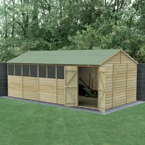 Forest Garden Beckwood Shiplap 20x10 ft Reverse apex Natural timber Wooden Pressure treated 2 door Shed with floor & 8 windows (Base included) - Assembly service included