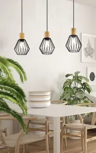 Hanging Ceiling Pendant Light Black Cage & Wood 3x E27 Bulb Kitchen Feature