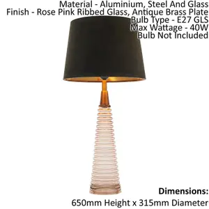 Table Lamp - Rose Pink Ribbed Glass, Antique Brass & Mocha Velvet - 40W E27