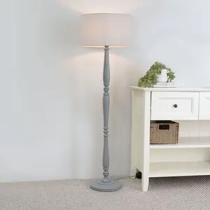 ValueLights Victoria Traditional Grey Wood Candlestick Floor Lamp with Grey Drum Shade - LED Bulb Included