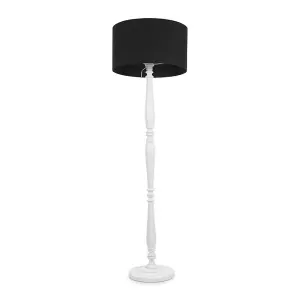 ValueLights Victoria Traditional White Wood Candlestick Floor Lamp with Black Drum Shade - LED Bulb Included