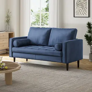 Blue Double Sofa 2-Seat Velvet Sofa with Bolster Pillows