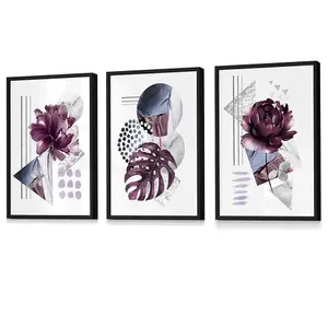 Abstract Purple and Silver Grey Floral Wall Art Prints / 42x59cm (A2) / Black Frame