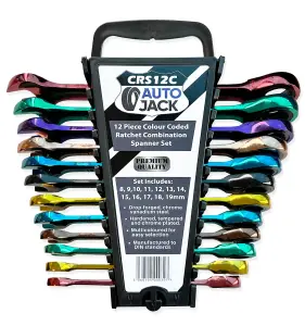 Autojack 12 Piece Multi Coloured Ratchet Spanner Set Colour Coded with Storage Rack