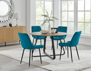 Furniturebox UK Santorini Brown Round Round Dining Table And 4 Blue Pesaro Black Leg Chairs