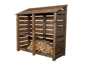 Slatted wooden log store with kindling shelf W-187cm, H-180cm, D-88cm - brown finish