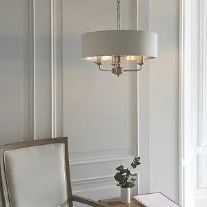 Luminosa Highclere Single Shade Pendant Light Brushed Chrome Plate, Natural Linen