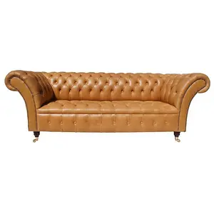 Chesterfield 3 Seater Old English Buckskin Leather Buttoned Seat Sofa In Balmoral Style