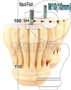 SET OF 4 REPLACEMENT FURNITURE BUN FEET NATURAL TURNED WOODEN LEGS 110mm HIGH M10 (10mm)