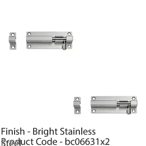 2 PACK - Straight Barrel Surface Mounted Sliding Door Bolt Lock 100mm x 38mm Bright Steel