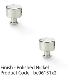 2 PACK - Round Hammered Door Knob - Polished Nickel 30mm Diameter Cupboard Pull Handle