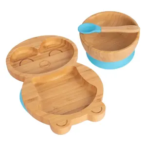 Tiny Dining - Children's Bamboo Suction Penguin Dinner Set - Blue