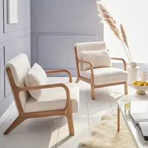 sweeek. Scandi-style boucle wooden armchair with cushion Lorens boucle White 65x80x79 cm