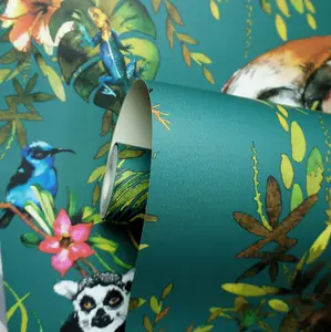 Holden Decor Teal Blue Green Tropical Jungle Lemur Lizard Birds Floral Wallpaper