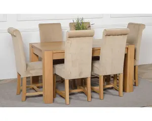 Kuba 150 x 85 cm Chunky Medium Oak Dining Table and 6 Chairs Dining Set with Washington Beige Fabric Chairs