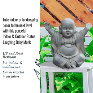 Buddha Statue Indoor and Outdoor, Moss Washed Stone Effect Feng Shui Ornament, Laughing Buddha Baby Monk Figurine L35.5 W25.5 H31.5 cm