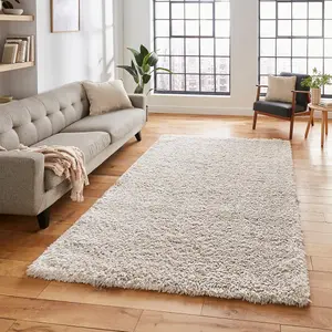 Ivory Plain Modern Shaggy Easy To Clean Rug For Dining Room-160cm X 220cm