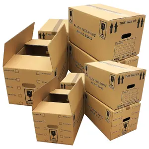 10 x Large Printed 18x12x10" House Moving Storage Boxes With Built In Carry Handles & Room List