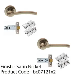 2 PACK - Door Handle & Latch Pack Set- Satin Nickel Slim Curved Screwless Round Rose Kit