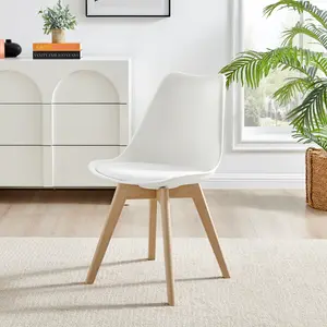 Stolm Bright Moulded Plastic Dining Chair with Wooden Legs and Foam Cushion Seat (Set of 2) White