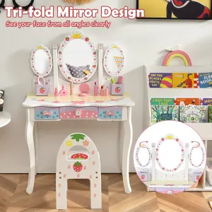 Costway Kids Vanity Table Chair Set Children Makeup Dressing Table w/ Tri-fold Mirror