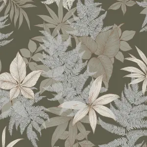 Grandeco Floral Field Fern Metallic Textured Wallpaper, Khaki Green