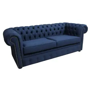 Chesterfield 3 Seater Sofa Charles Midnight Blue Real Linen Fabric In Classic Style