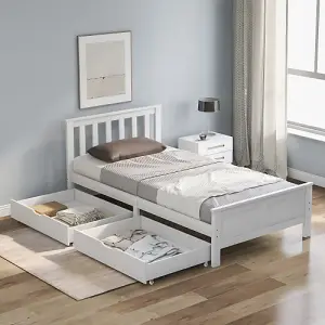 Wooden Solid White Pine Storage Bed with Drawers Bed Furniture Frame for Adults, Kids, Teenagers 3ft Single 190x90cm