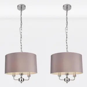 First Choice Lighting Pair of 3 Light Chrome Pendant Chandelier with Grey Fabric Shade