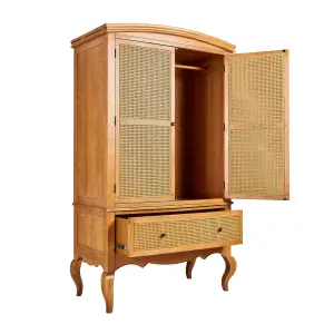 Louis Large Wooden Double Wardrobe with Rattan Cane Doors and Drawer